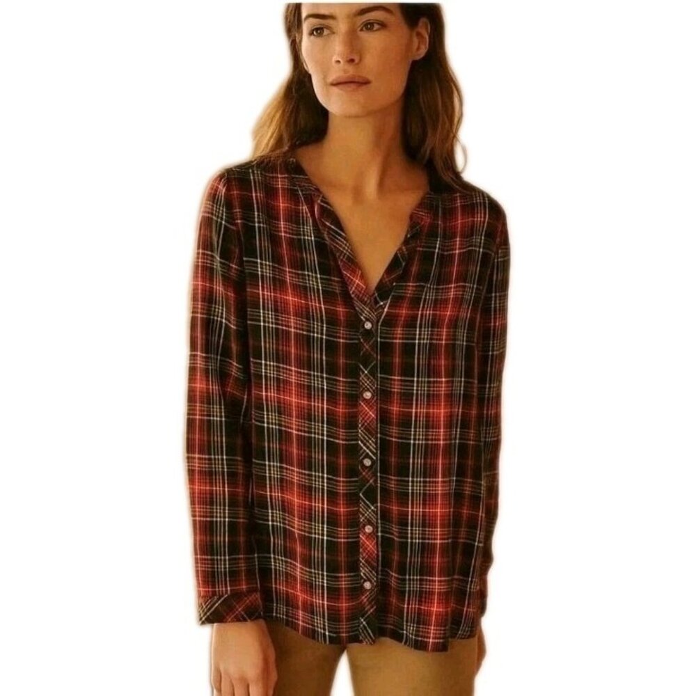 J Jill Womens Button Up Long Sleeve Blouse Red Green Black Plaid Rayon Small NWT
